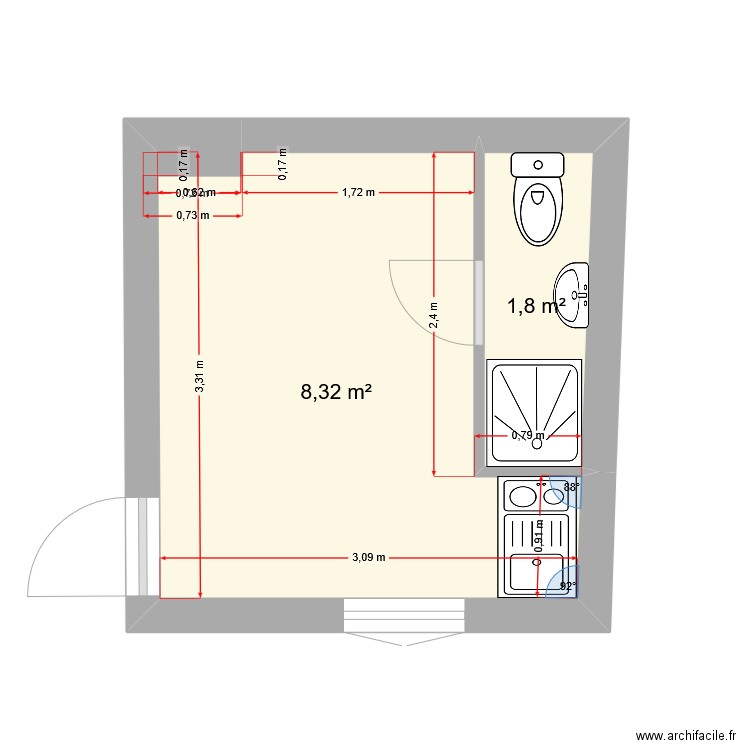 rennesexistant. Plan de 2 pièces et 10 m2