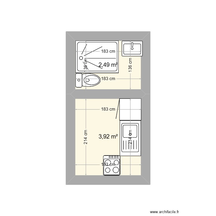 sdb cuisine. Plan de 2 pièces et 6 m2