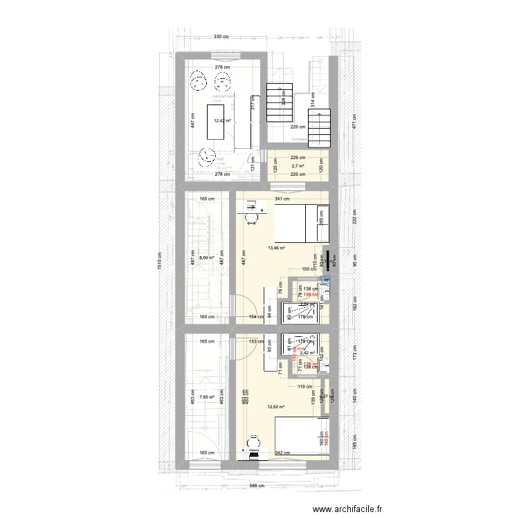St Gilles Chee Woo 229 -1er etage avec chambre annexe. Plan de 10 pièces et 62 m2
