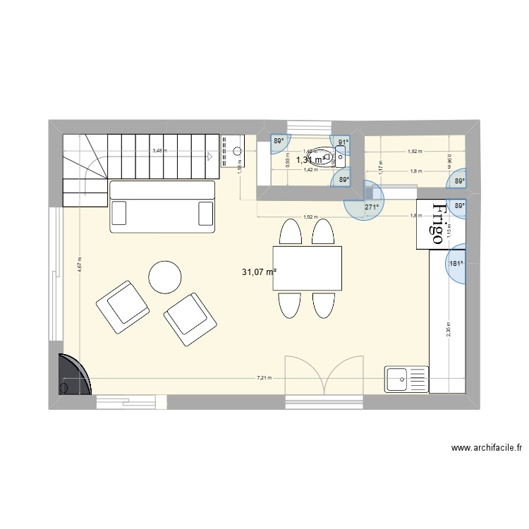 grange. Plan de 2 pièces et 32 m2