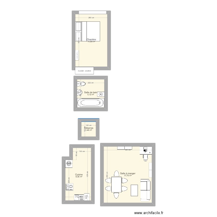 Chez moi. Plan de 5 pièces et 44 m2