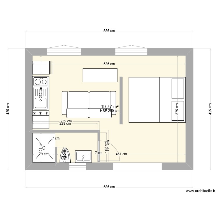 studio 20m2 modèle 1. Plan de 1 pièce et 20 m2