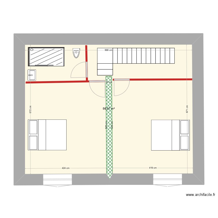 Plan étage avec poutre coupée et un seul escalier. Plan de 1 pièce et 57 m2