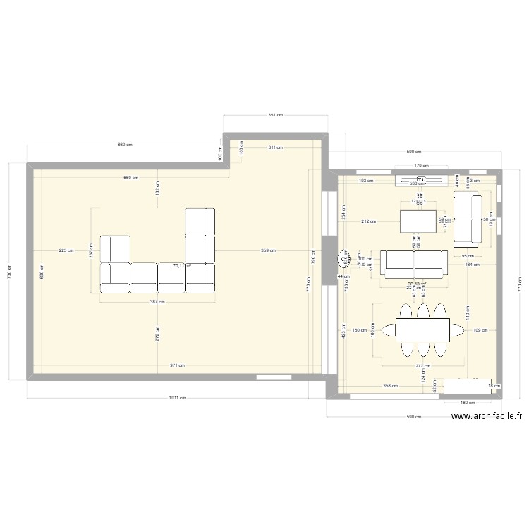 Extension salon isolation meublé. Plan de 2 pièces et 110 m2