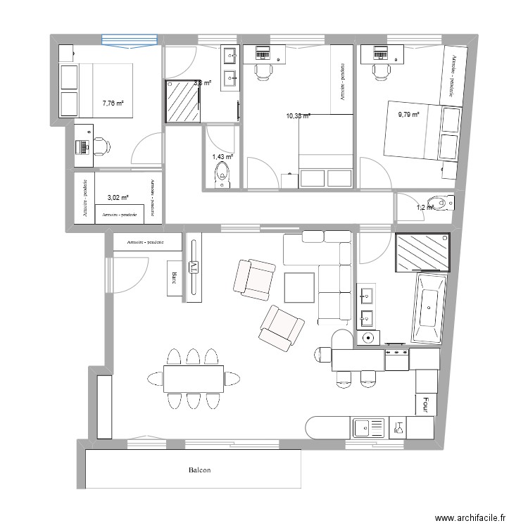 Appartement manou aménagé 2. Plan de 7 pièces et 37 m2