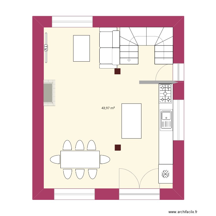 RDC . Plan de 1 pièce et 44 m2