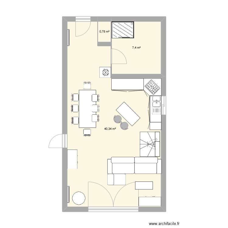 Séjour + Cuisine V1. Plan de 3 pièces et 49 m2