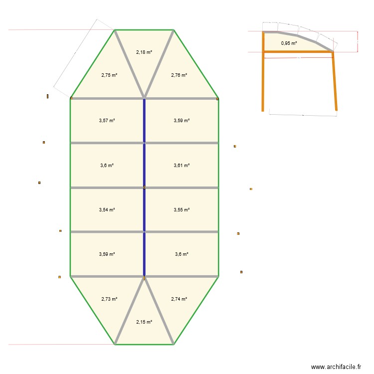 serre . Plan de 15 pièces et 45 m2