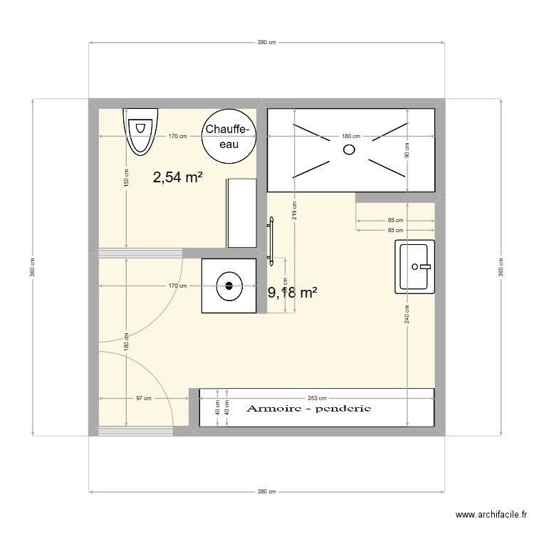 sdb. Plan de 2 pièces et 12 m2