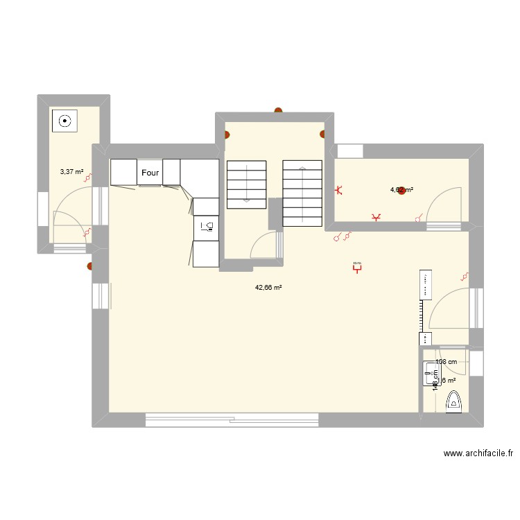 projet avec grande cage d'escalier rez-de-chaussée. Plan de 4 pièces et 52 m2