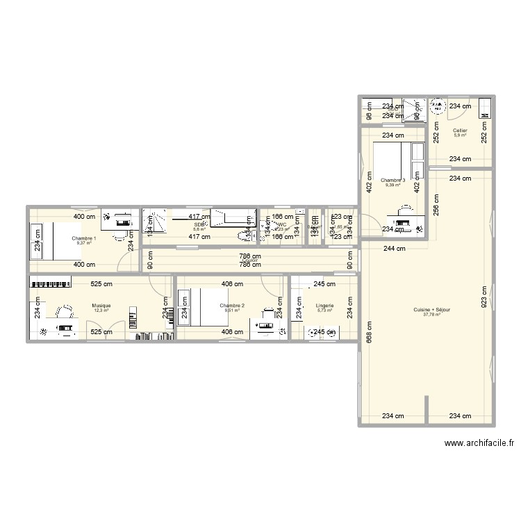 Containers. Plan de 13 pièces et 109 m2