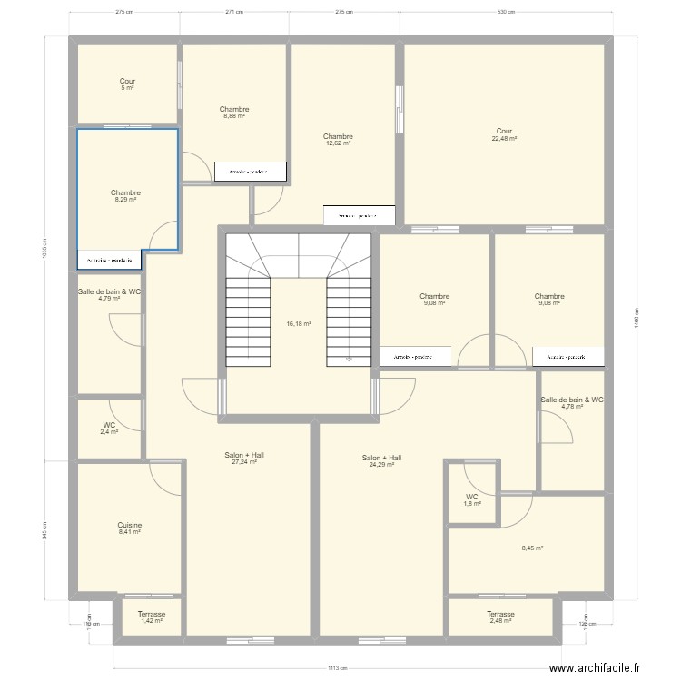 R+3. Plan de 18 pièces et 178 m2