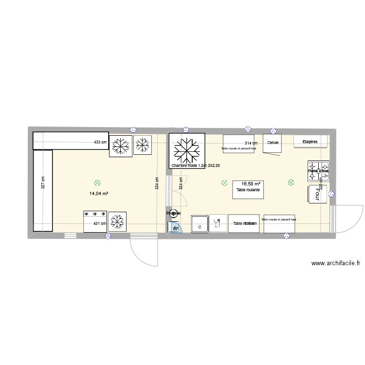 Labo cuisine. Plan de 2 pièces et 31 m2