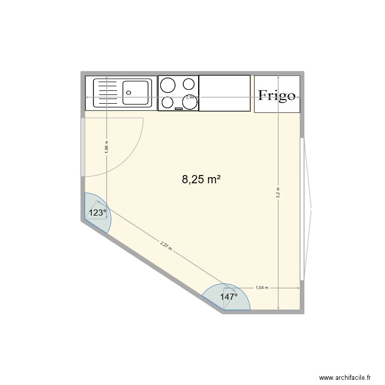 cuisine Hugo avec éléments. Plan de 1 pièce et 8 m2