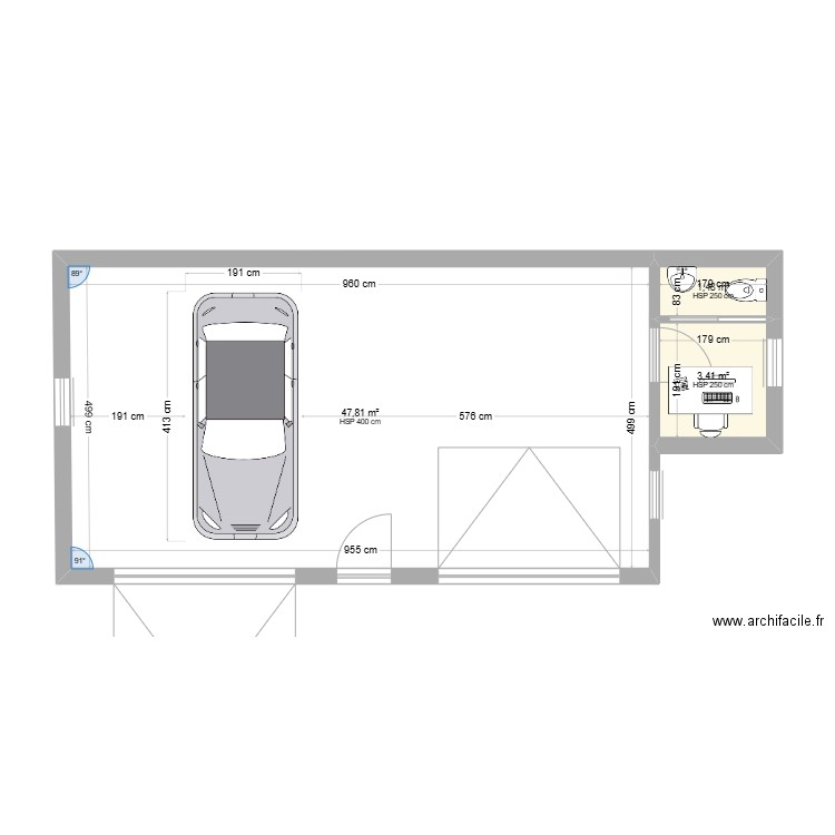 GARAGE. Plan de 3 pièces et 53 m2