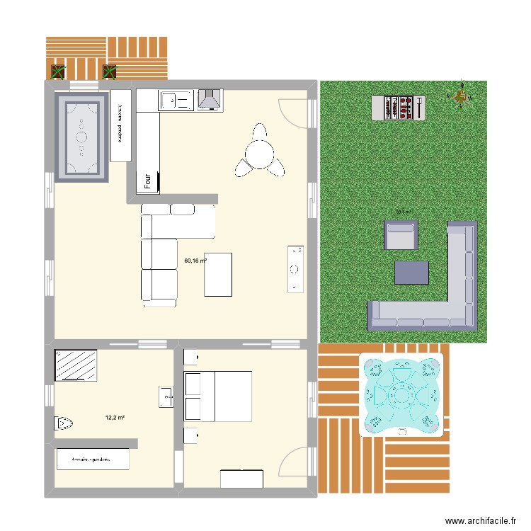 7X11. Plan de 2 pièces et 72 m2