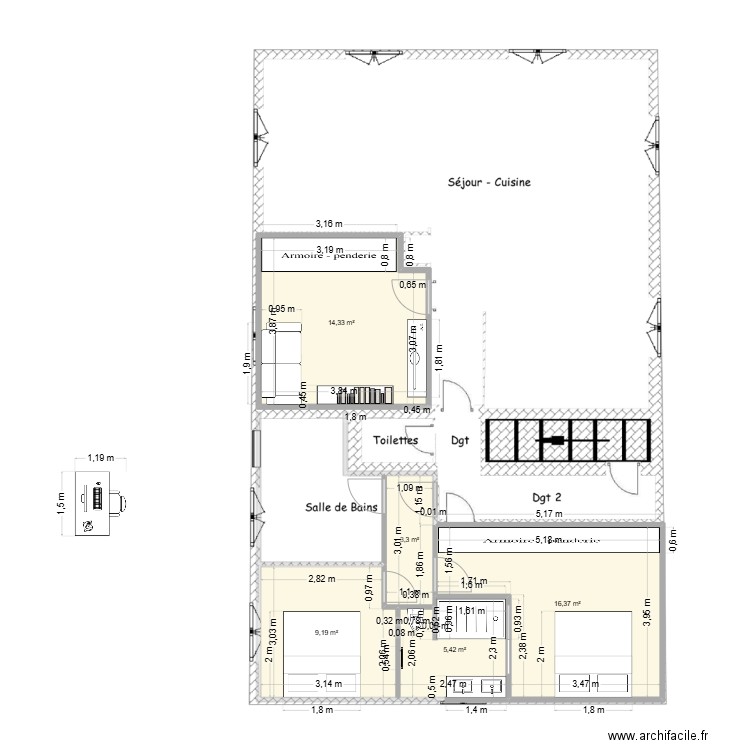 Plan Suite avec Toilette v3. Plan de 5 pièces et 49 m2