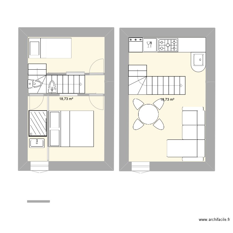 RDC Ruine Bestue. Plan de 2 pièces et 37 m2