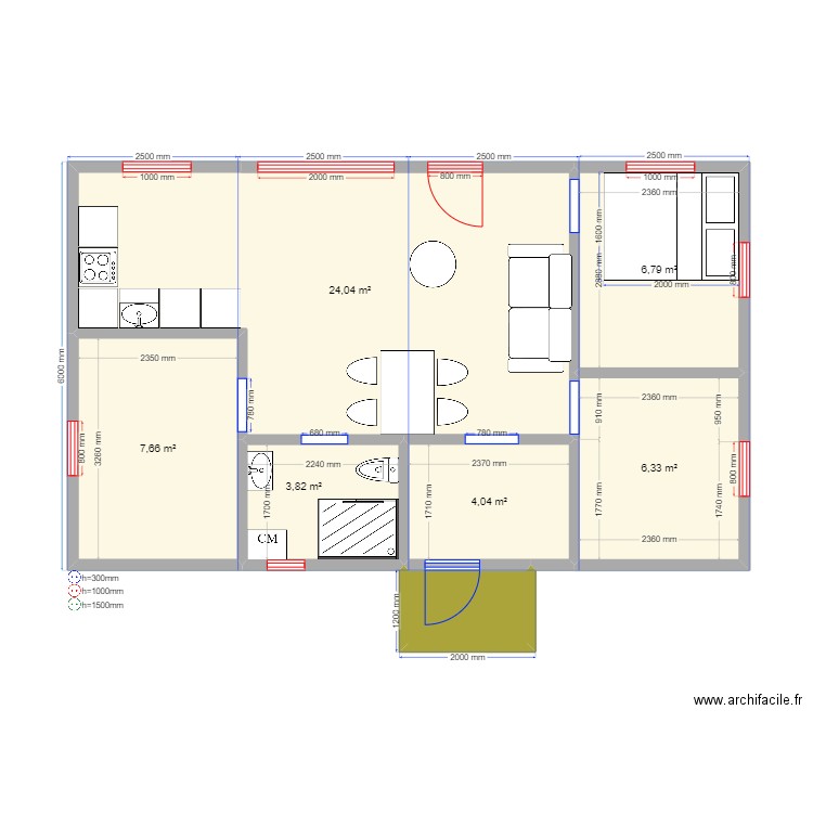 60 Щекавцево. Plan de 7 pièces et 55 m2