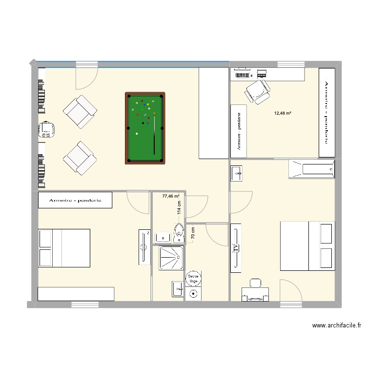 étage. Plan de 2 pièces et 90 m2