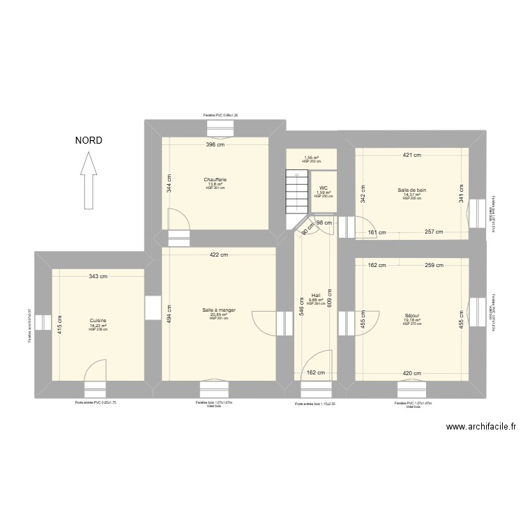 Rez de Chaussé. Plan de 8 pièces et 95 m2