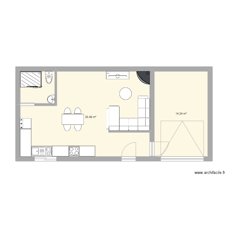 R/C. Plan de 3 pièces et 48 m2