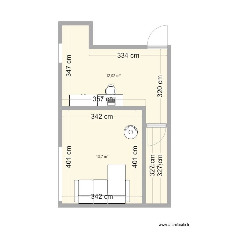 Salon fermé. Plan de 3 pièces et 30 m2