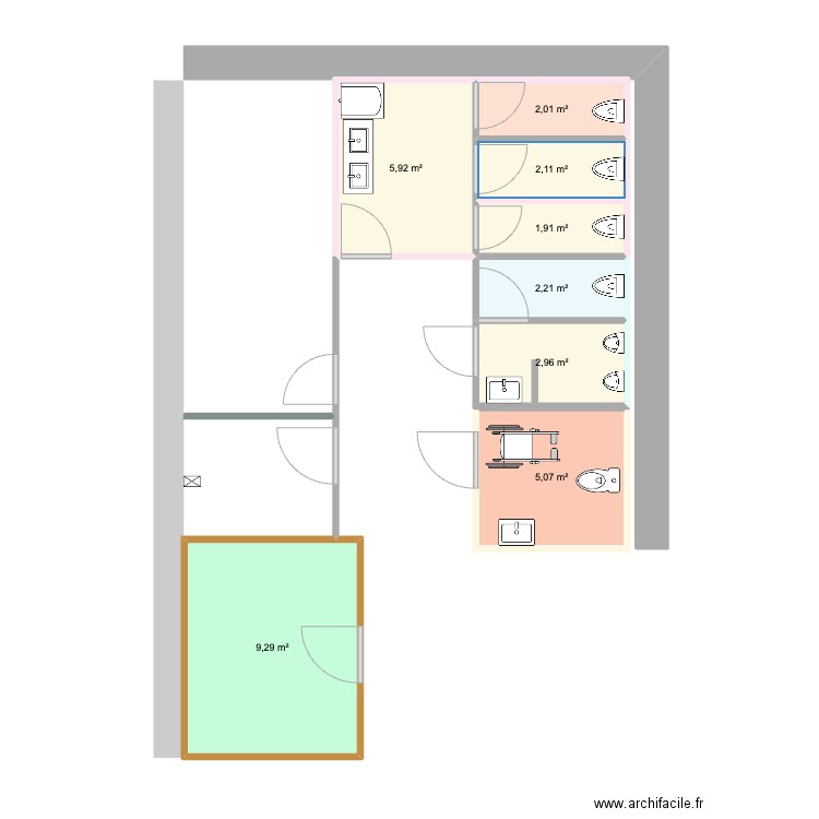 Toilettes publiques. Plan de 8 pièces et 31 m2