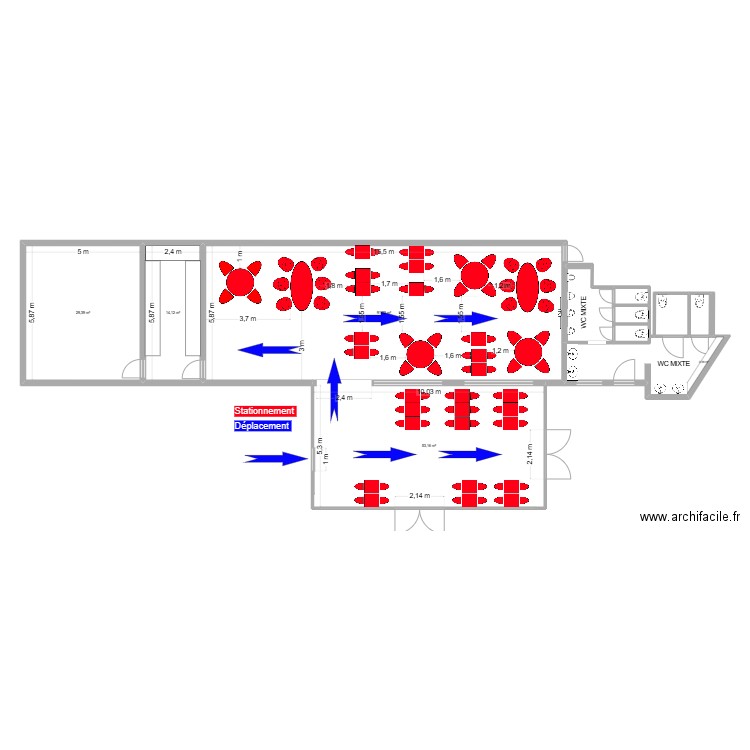 Restaurant circulation. Plan de 11 pièces et 212 m2