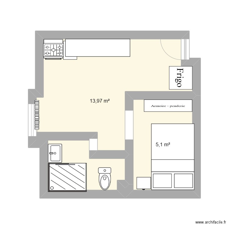 studio. Plan de 2 pièces et 19 m2