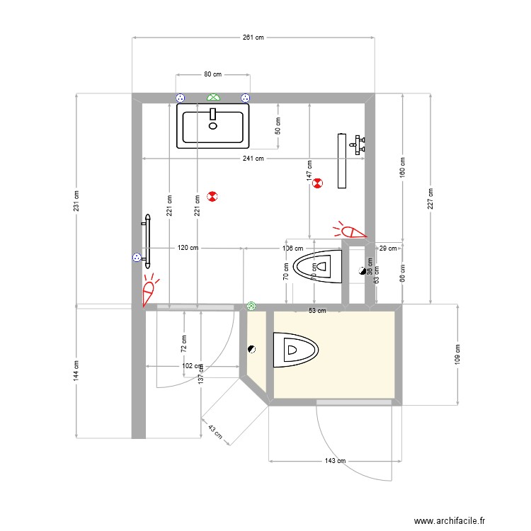 Salle d'eau 61 lavabo déplacé . Plan de 2 pièces et 2 m2