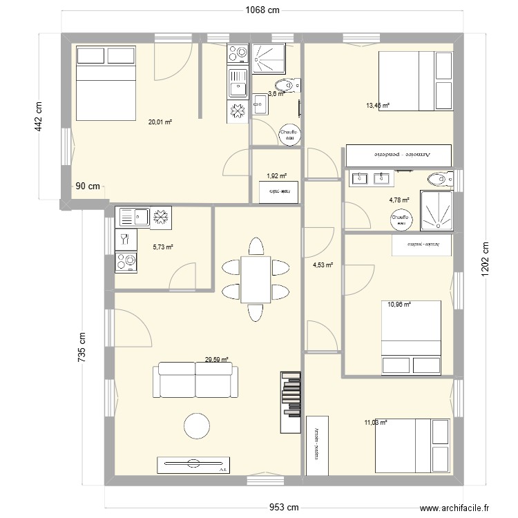 Maison 4 Pièces avec 1 studio. Plan de 10 pièces et 106 m2