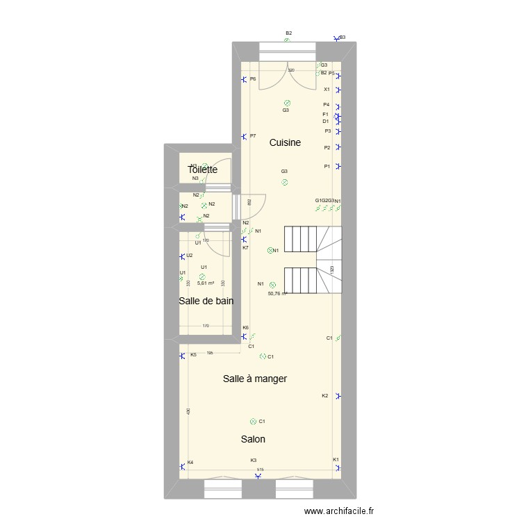 Plan Sommethonne shema electrique niveau 1 bais. Plan de 4 pièces et 60 m2