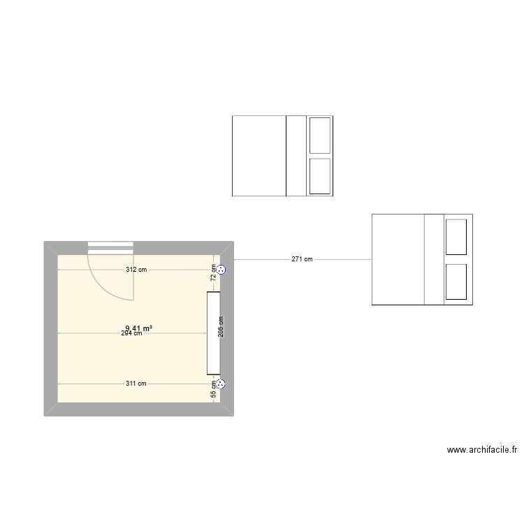 Chambre. Plan de 1 pièce et 9 m2