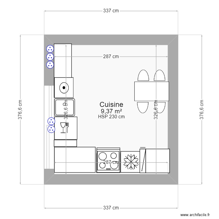 cuisine . Plan de 1 pièce et 9 m2