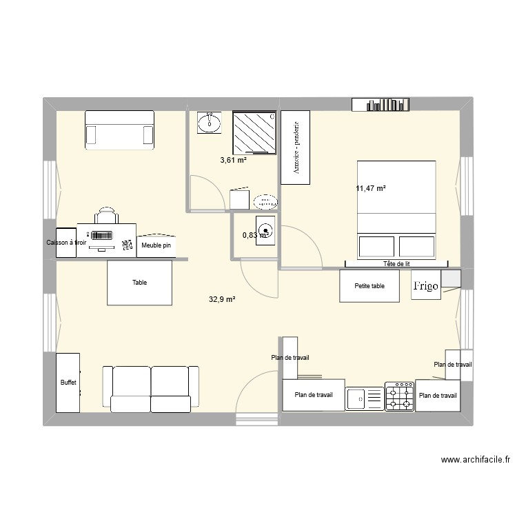 Version A - cuisine avec plan. Plan de 4 pièces et 49 m2