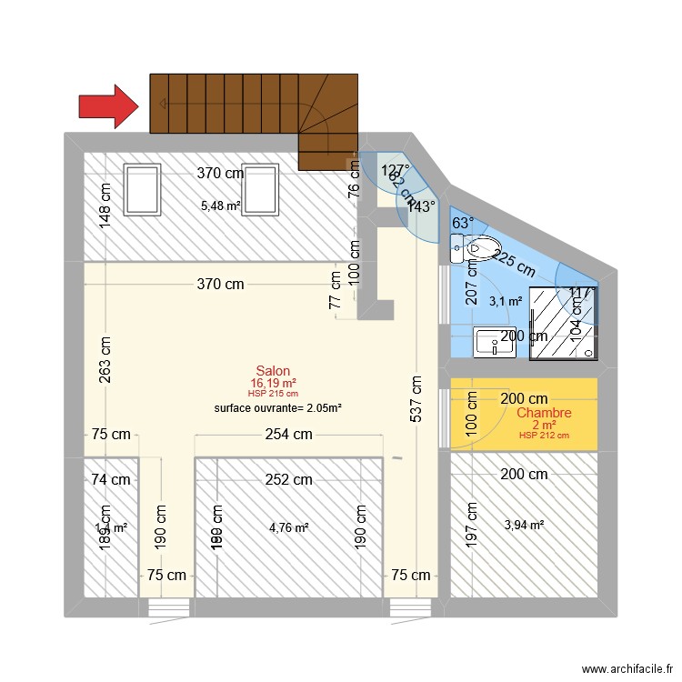 47 Raspail 2ème étage. Plan de 7 pièces et 37 m2