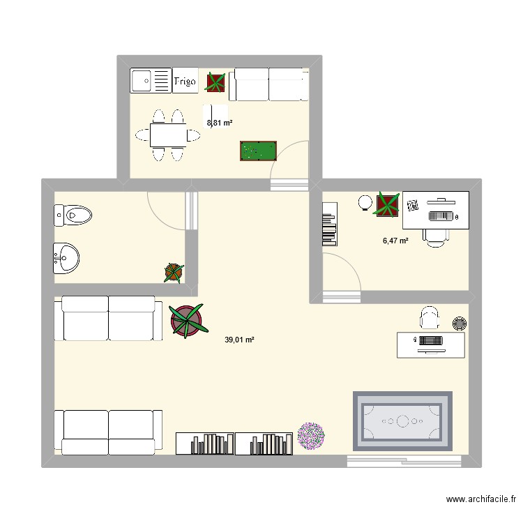 magasin. Plan de 3 pièces et 54 m2