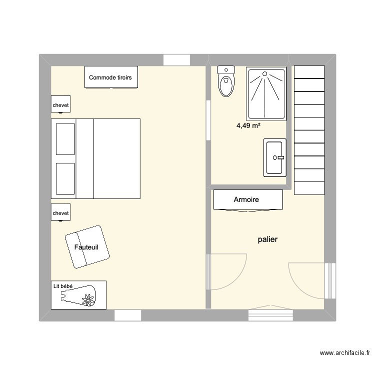 chambre gîté à gauche. Plan de 2 pièces et 32 m2