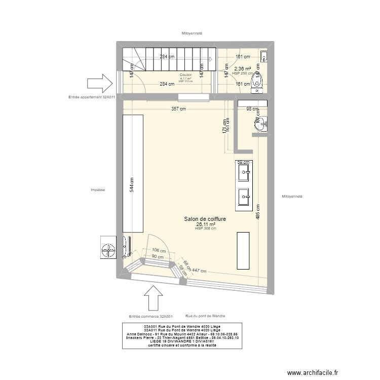 salon de coiffure. Plan de 3 pièces et 33 m2