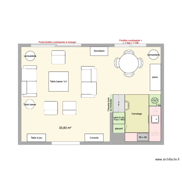 Cuisine arclinea table rectangulaire avec claustra. Plan de 1 pièce et 34 m2