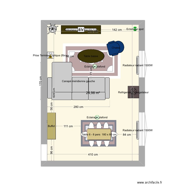 Salon. Plan de 1 pièce et 25 m2