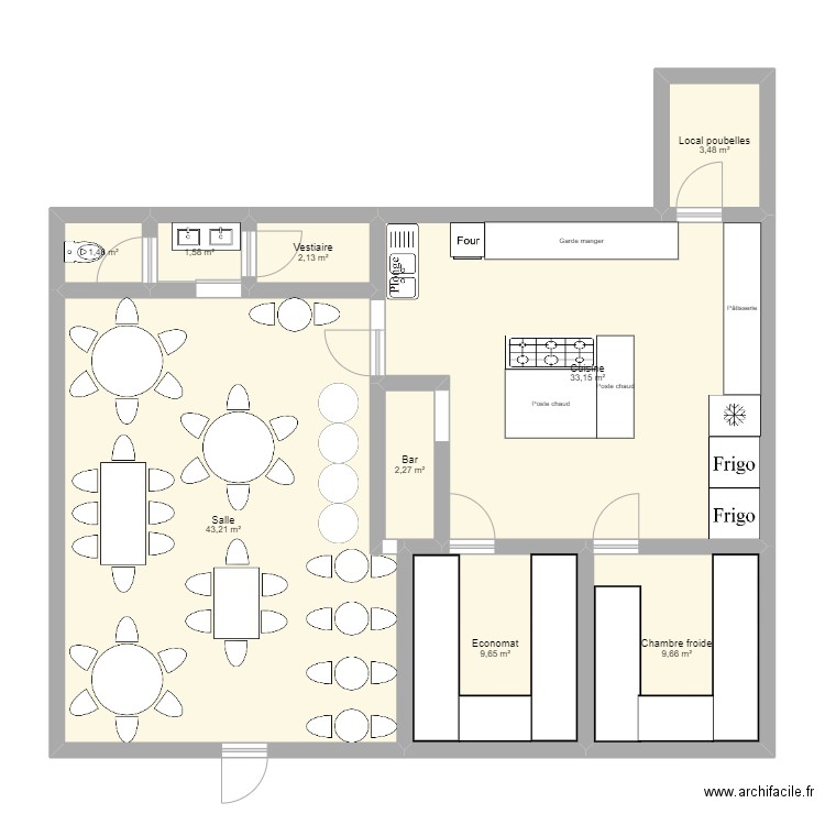 Cuisine. Plan de 9 pièces et 107 m2