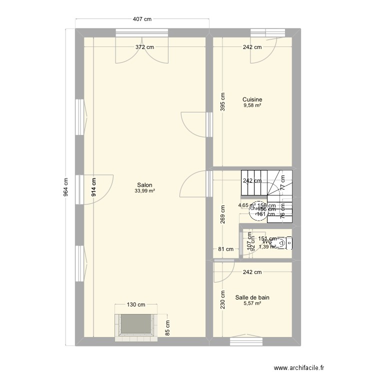 Rdc hamard. Plan de 5 pièces et 55 m2