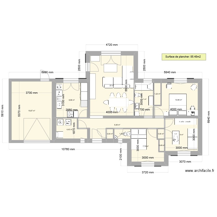 RDC. Plan de 14 pièces et 100 m2