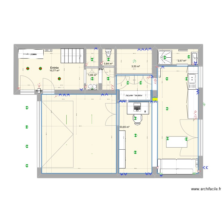 RDC (ok). Plan de 7 pièces et 74 m2