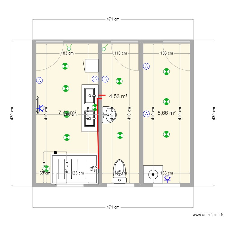 Salle de bain . Plan de 3 pièces et 18 m2