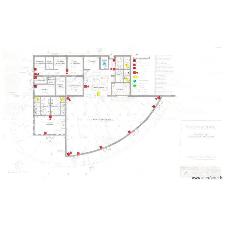 Restaurant scolaire global. Plan de 17 pièces et 523 m2