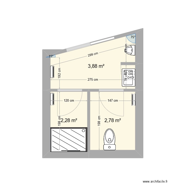 wcs. Plan de 3 pièces et 9 m2