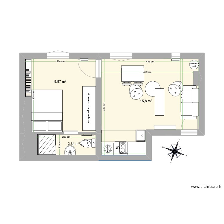 Cam 25 R Keller v2. Plan de 3 pièces et 28 m2